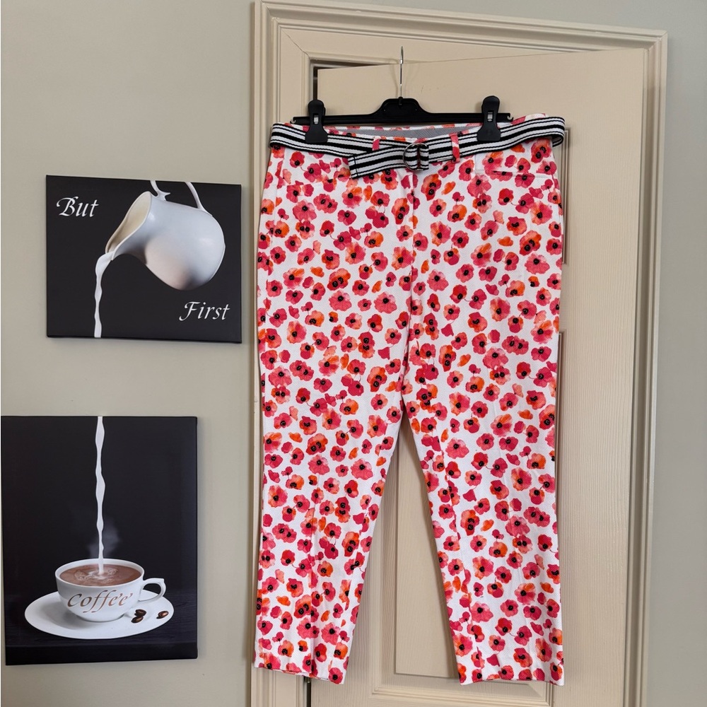 Rafaella Coral and Pink Poppy Pants with Striped Belt